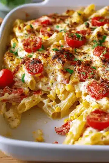 Recipes Breakfast Breakfast Casseroles Recipe: Creamy Ricotta Corn and Tomato Baked Ziti