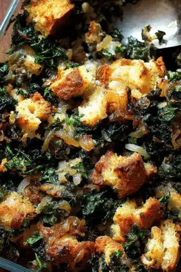 Freezable Stuffing with Kale and Caramelized Onions
