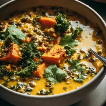 Ginger Sweet Potato Coconut Milk Stew with Lentils & Kale