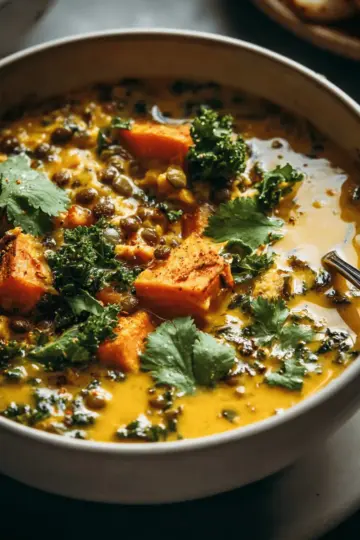 Ginger Sweet Potato Coconut Milk Stew with Lentils & Kale