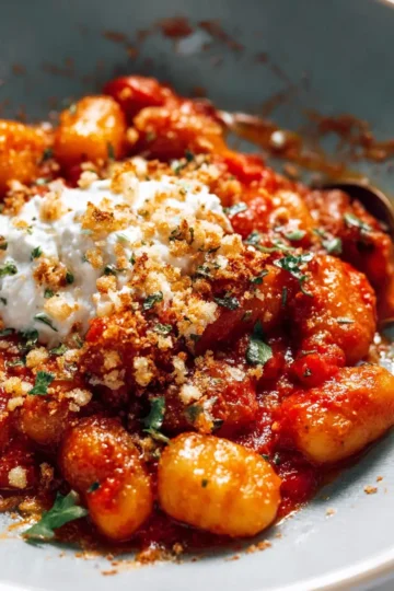 Millionaire Gnocchi with Red Sauce, Herbed Ricotta, and Golden Crispies