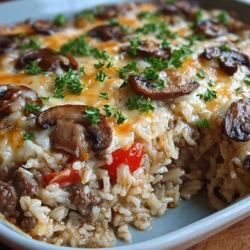 Creamy Beef Mushroom Rice Bake