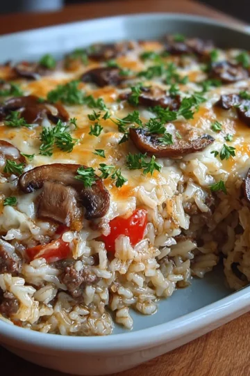 Creamy Beef Mushroom Rice Bake