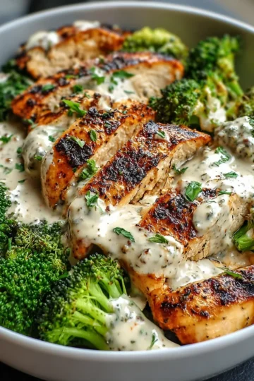 Grilled Chicken & Broccoli Bowls with Creamy Garlic Sauce