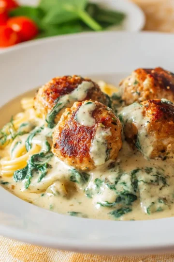 Chicken Ricotta Meatballs with Spinach Alfredo Sauce