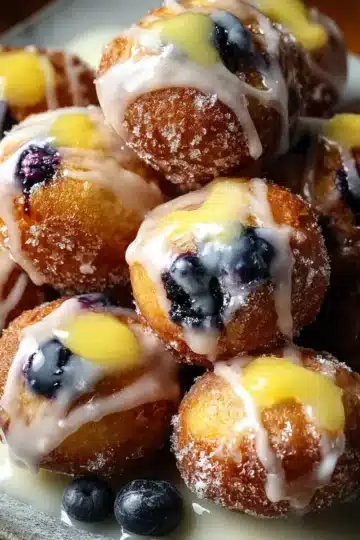 Blueberry Cake Donut Holes with Citrus Glaze & Lemon Curd