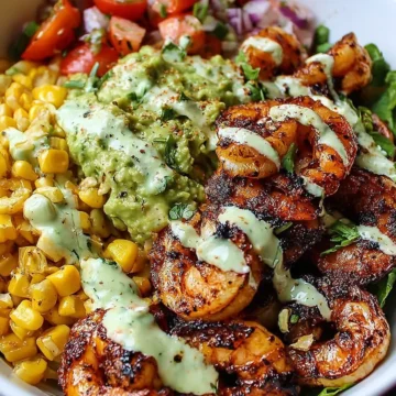 Grilled Shrimp Bowl with Avocado, Corn Salsa & Creamy Garlic Sauce