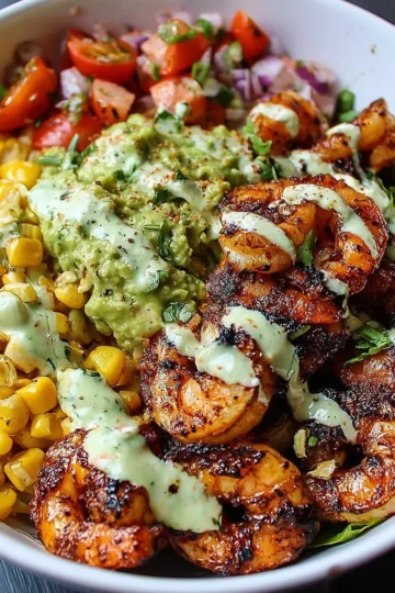 Grilled Shrimp Bowl with Avocado, Corn Salsa & Creamy Garlic Sauce